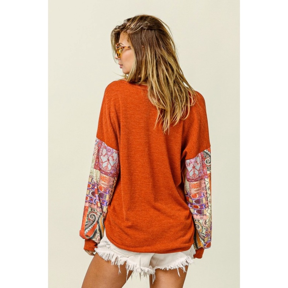 NEW! Bibi V Neck Rust Butter Soft Top w/Patchwork Sleeves! - Picture 10 of 10